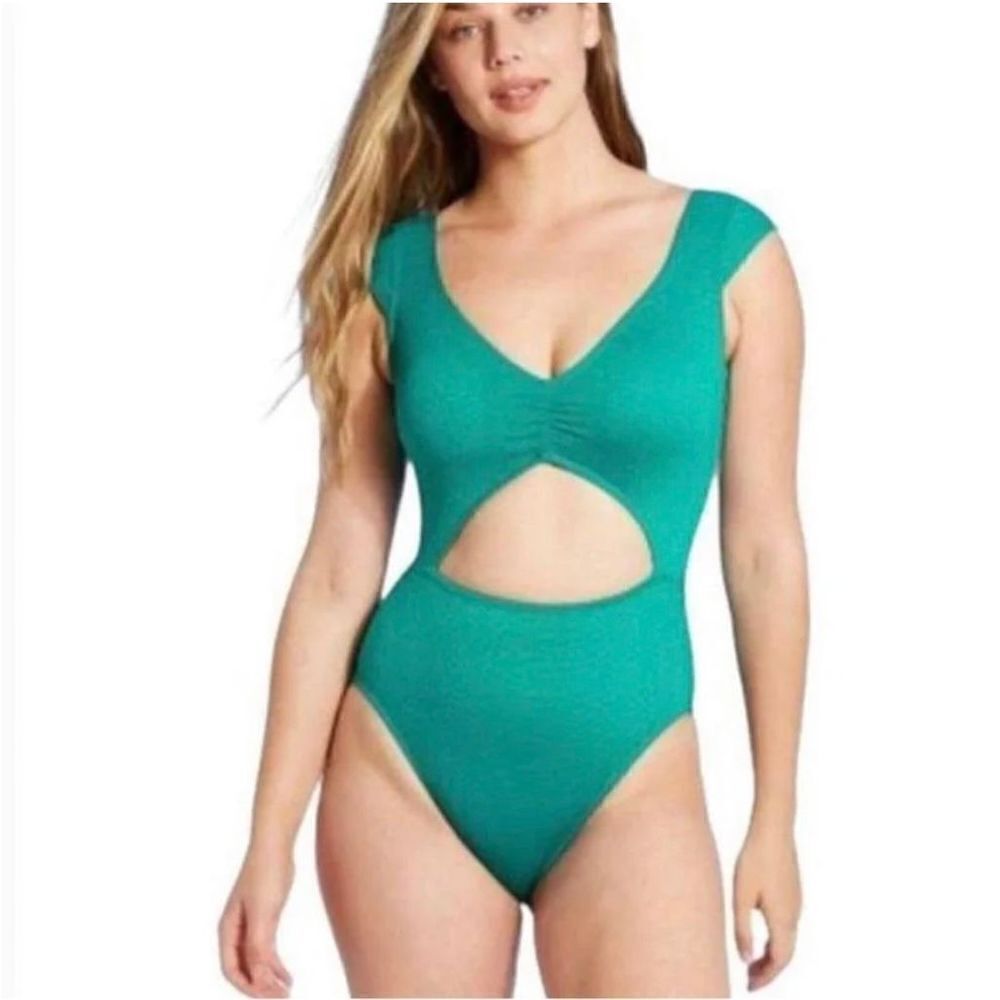 Shade & Shore Turquoise Cut Out Textured One Piece Swimsuit Cap Sleeve Size L